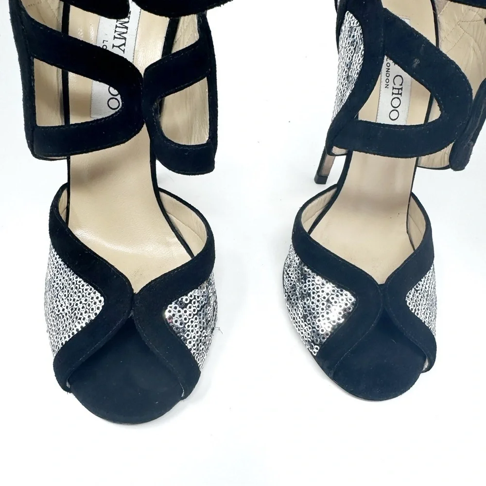 JIMMY CHOO Silver Sequin Black Suede Cut Out Temptress Stiletto Heels 37.5 - Picture 4 of 11